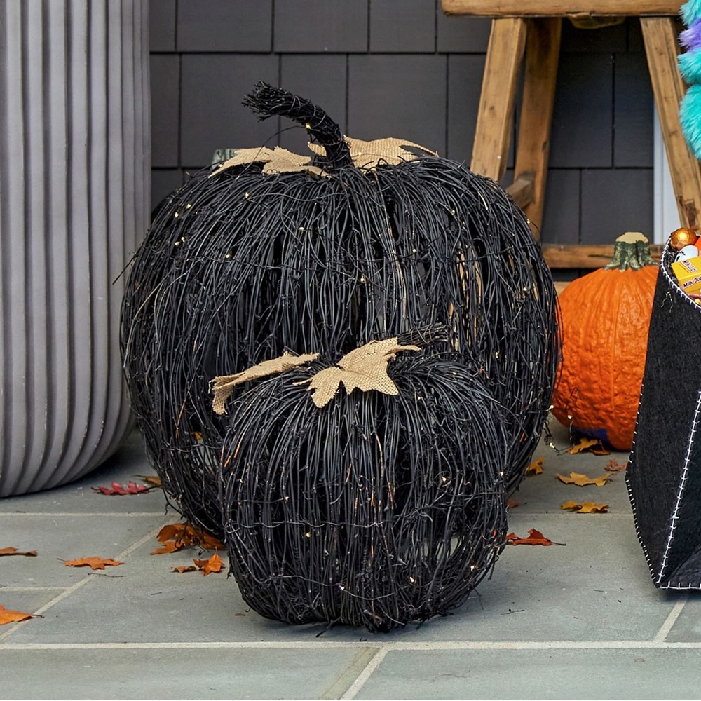 Pottery Barn Rustically Charming Black Vine Light-Up Pumpkins - Set of 2